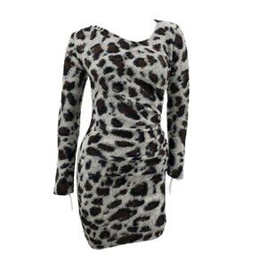Sea Leopard Print Wool Dress Womens 2 Bodycon Long Sleeve Ruched